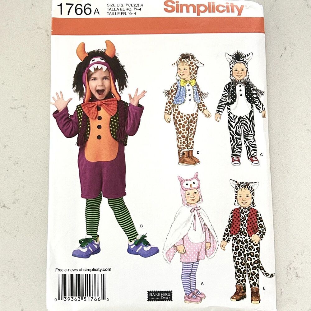 Simplicity Costume Sewing Patter 1766 Monster Zebra Owl Cheetah Childs 1/2-4T